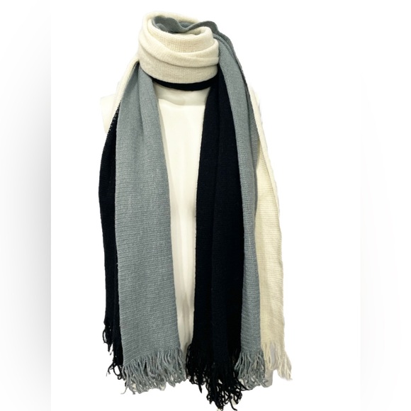 DONNI Tri-Color Fringe Scarf Black Gray Cream Oversized Wrap Shawl Acrylic - Picture 3 of 7